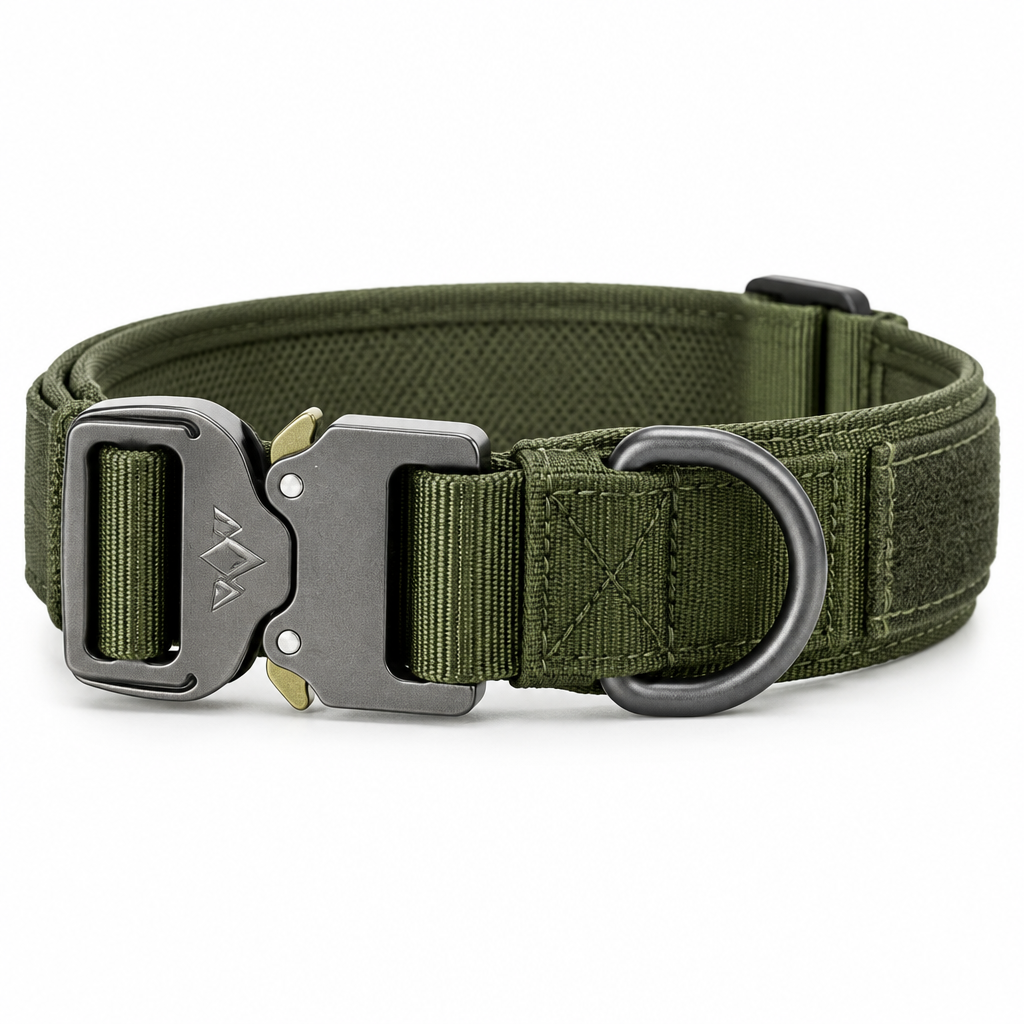 Tactical dog collar olive green side buckle detail view