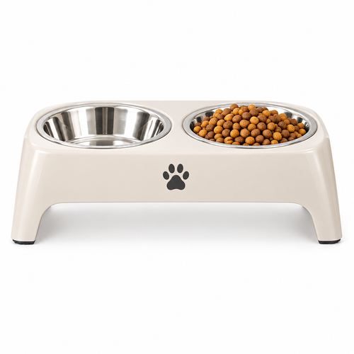 Elevated Double Dog Bowl Stand front view with kibble
