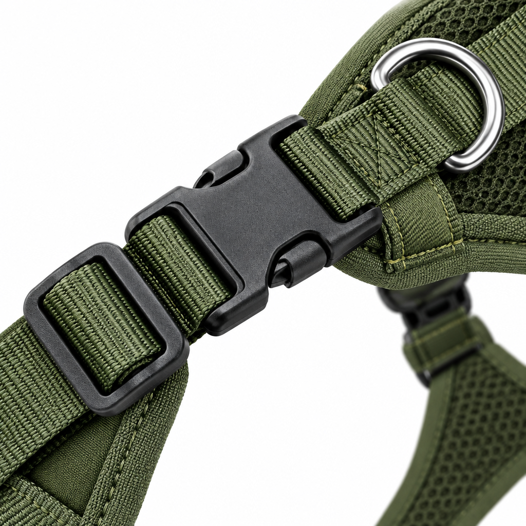 No-pull dog harness buckle and D-ring close-up detail