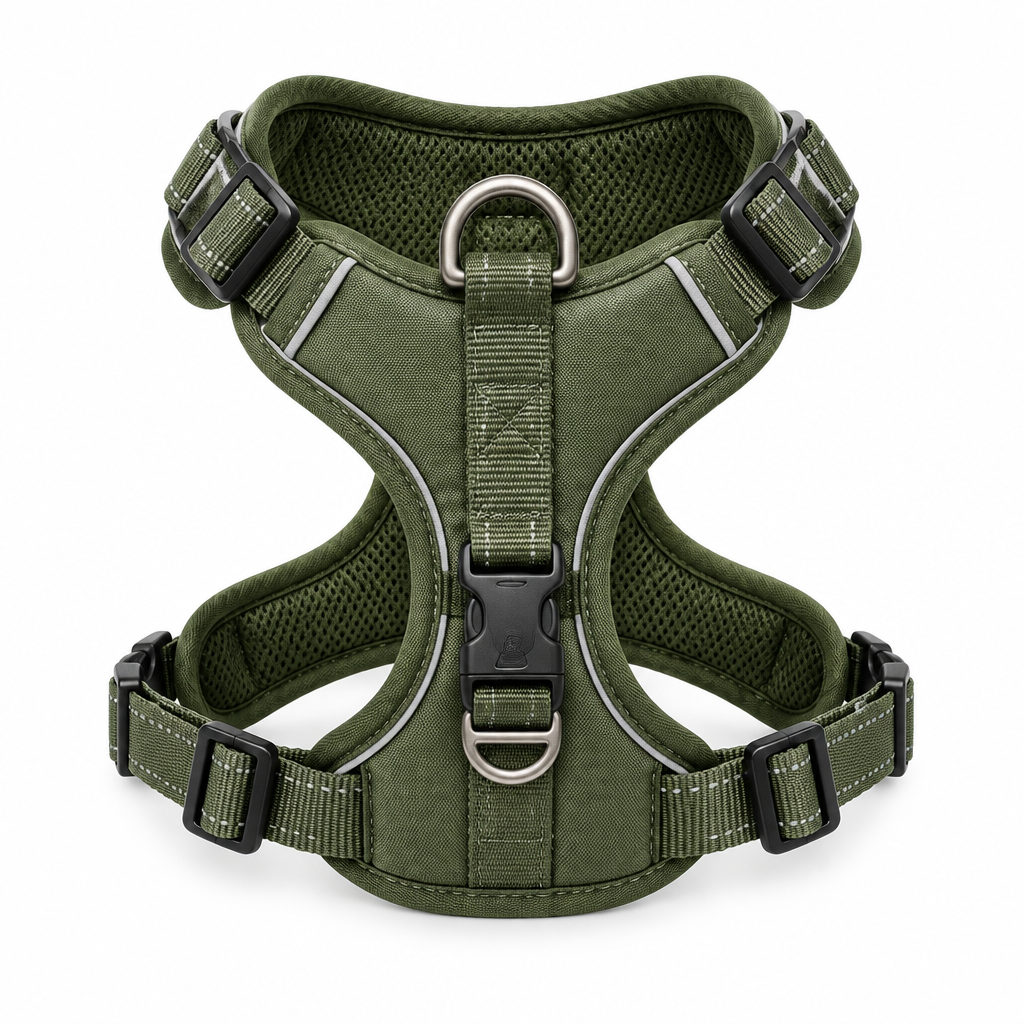 No-pull dog harness front view flat lay olive green