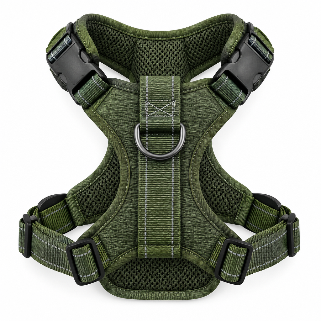 No-pull dog harness back view flat lay olive green