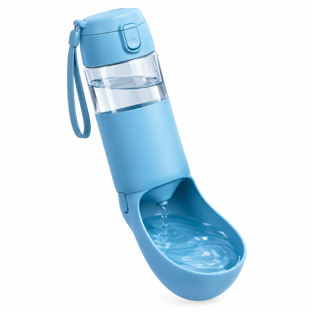 Sky blue dog water bottle with open trough
