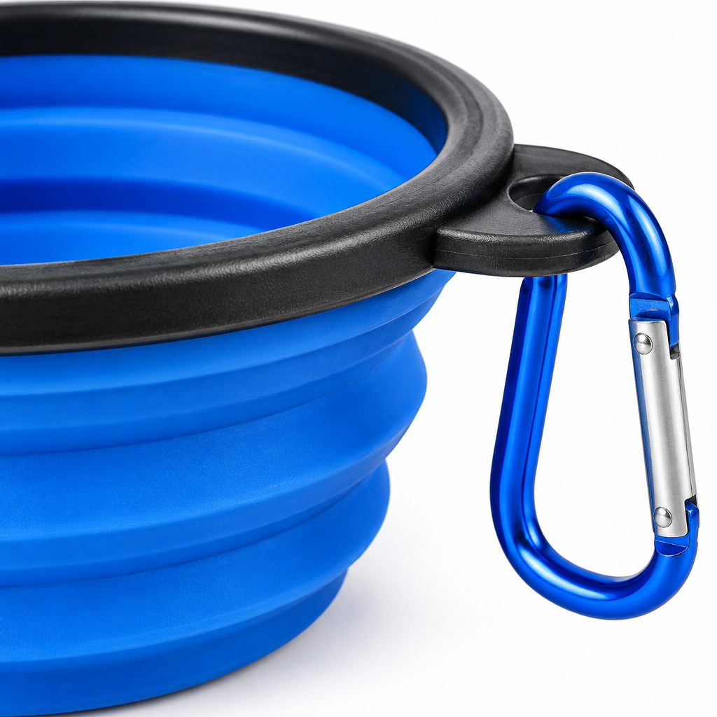 Collapsible travel dog bowl silicone folds and carabiner clip detail