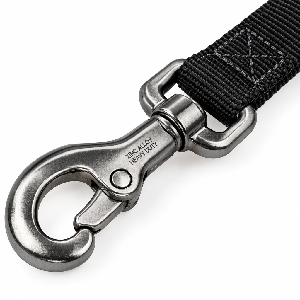 Black dog leash metal snap hook clasp close-up