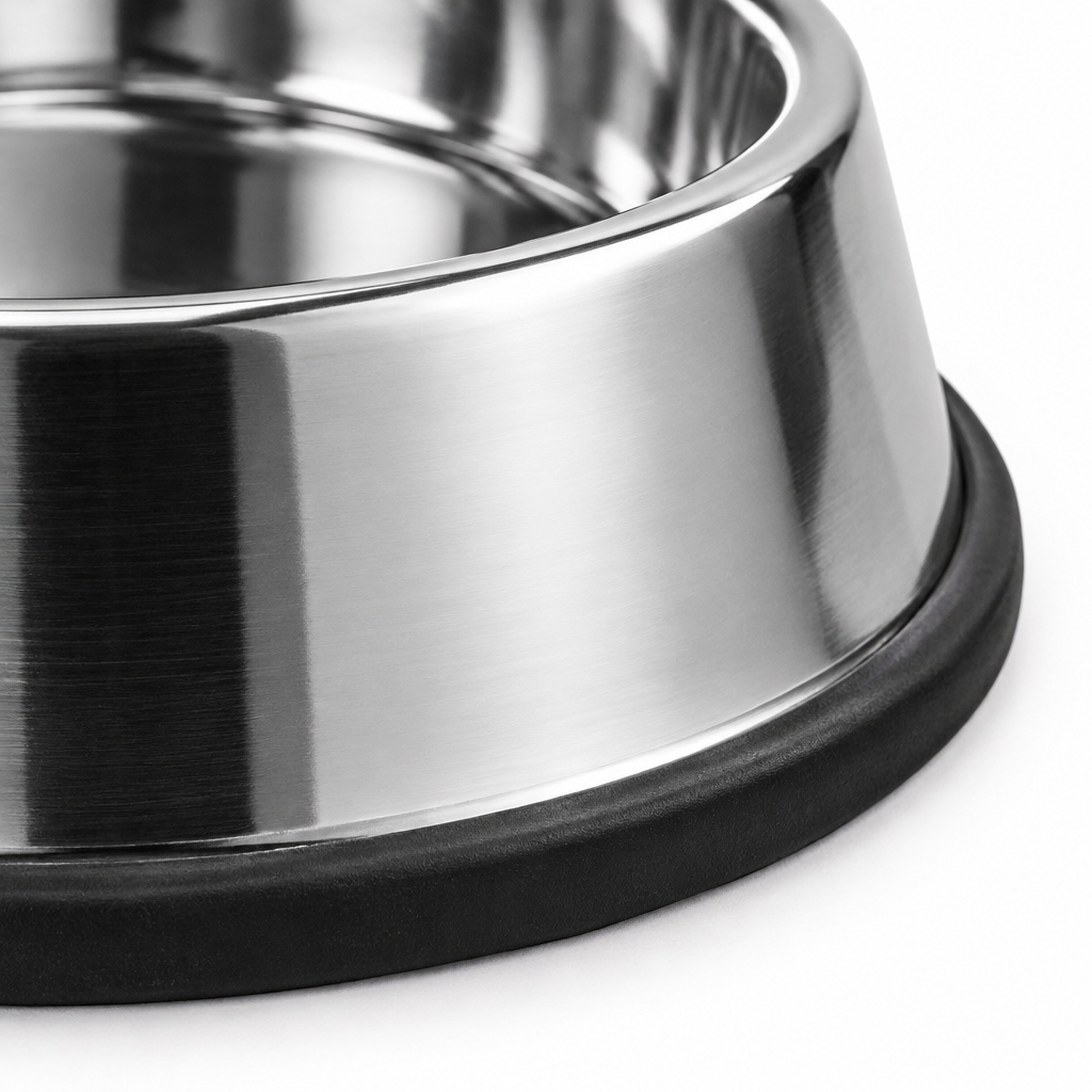 Stainless steel dog food bowl close-up detail