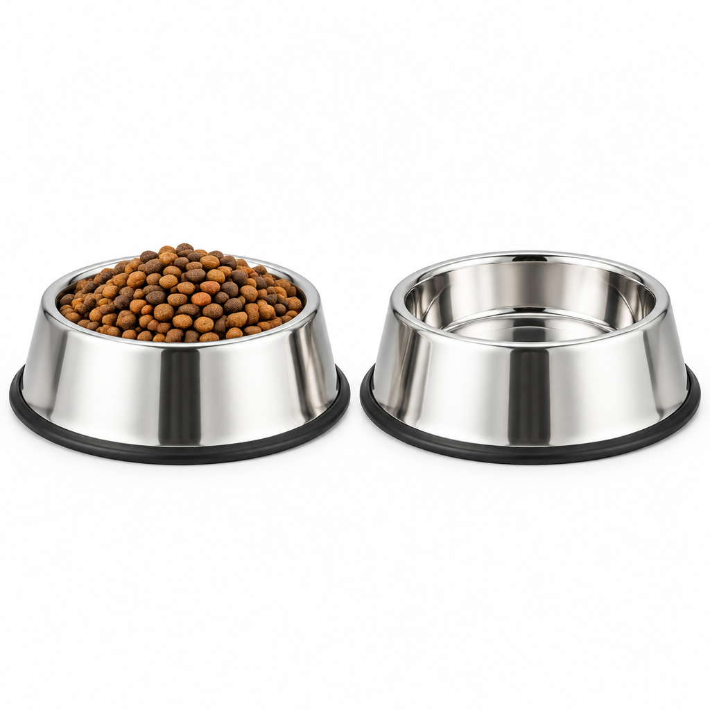 Stainless steel dog food bowl set front view with kibble