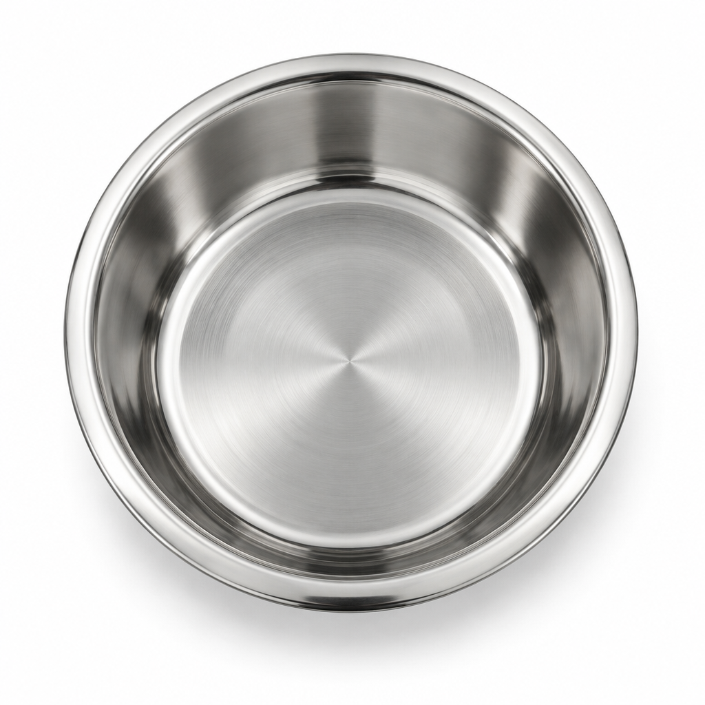 Stainless steel dog food bowl top-down view