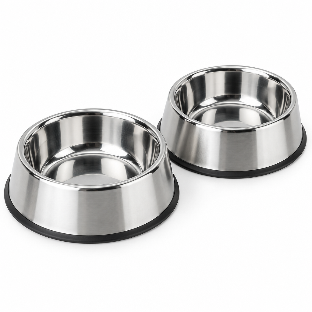 Stainless steel dog food bowl set angle view empty